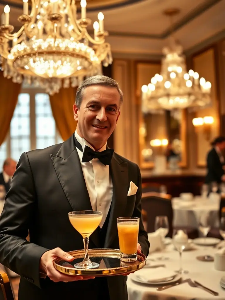 A sharply dressed butler serving drinks in an elegant dining room, reflecting the high standards and sophistication of Heritage Recruiters' estate management placements.