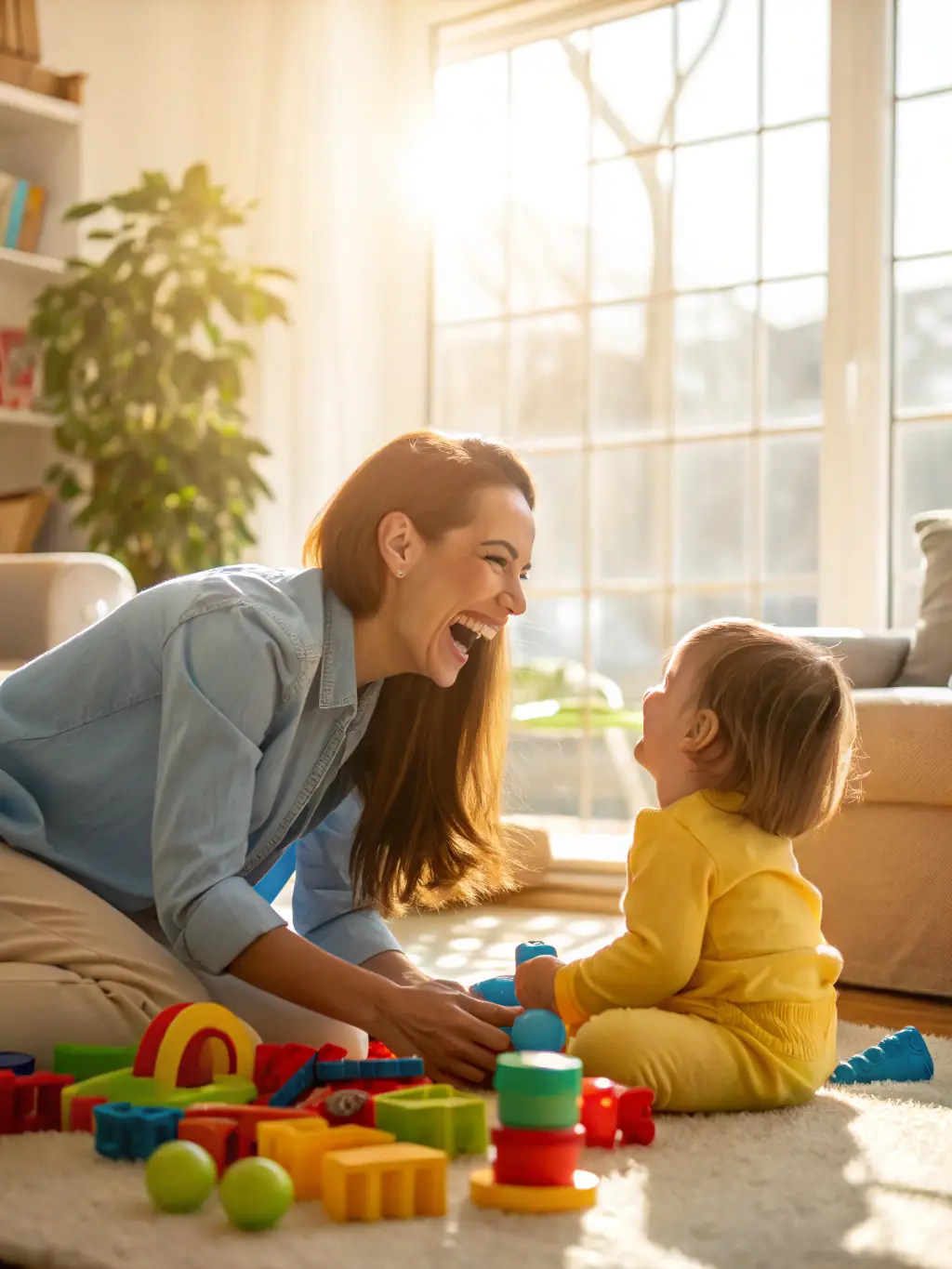 A professional nanny interacting warmly with a child in a bright, modern home, showcasing the personalized care and attention provided through Heritage Recruiters' domestic staffing services.