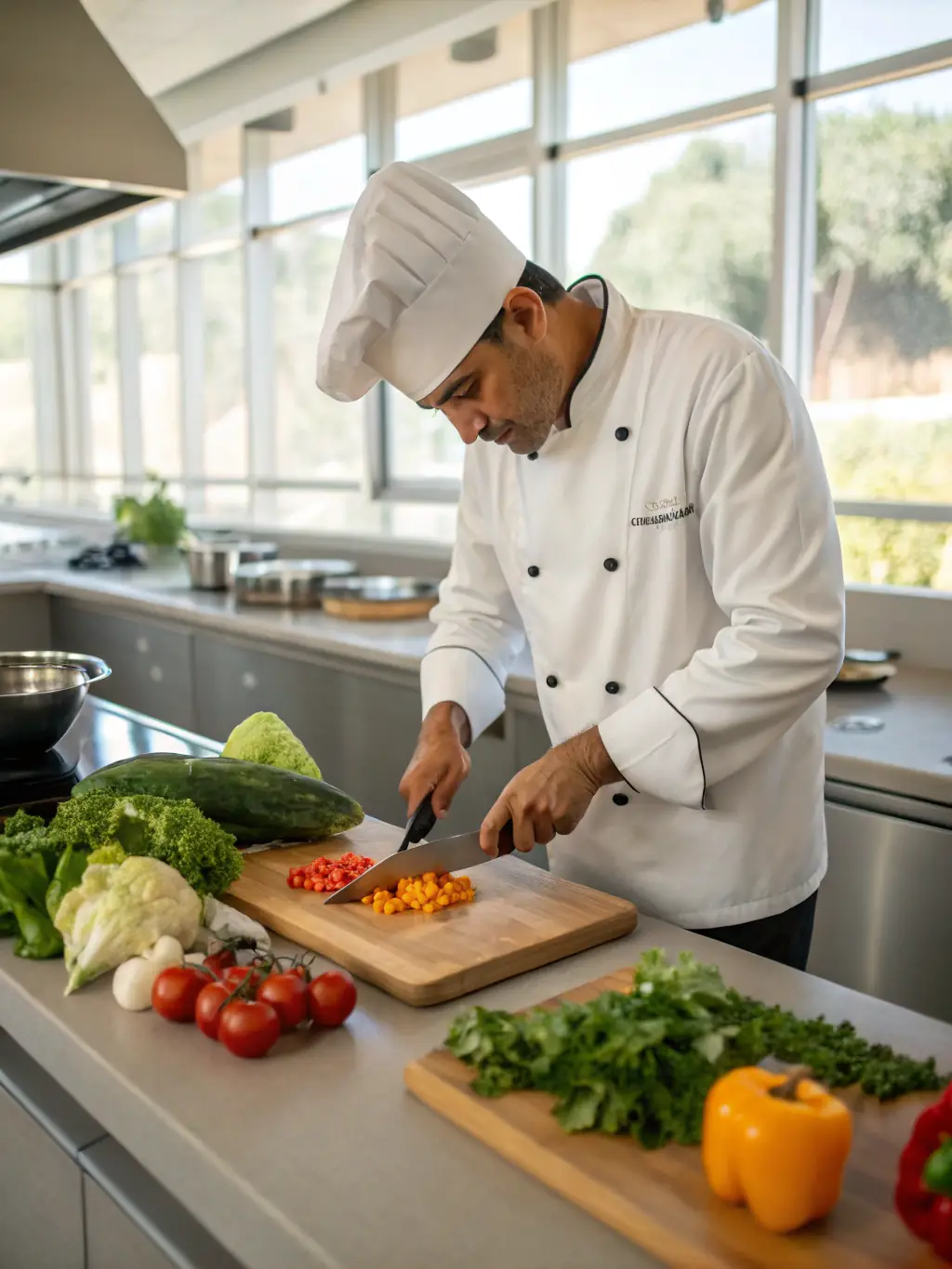 A personal chef preparing a gourmet meal in a modern kitchen, emphasizing the culinary expertise and personalized service offered through Heritage Recruiters' chef placements.