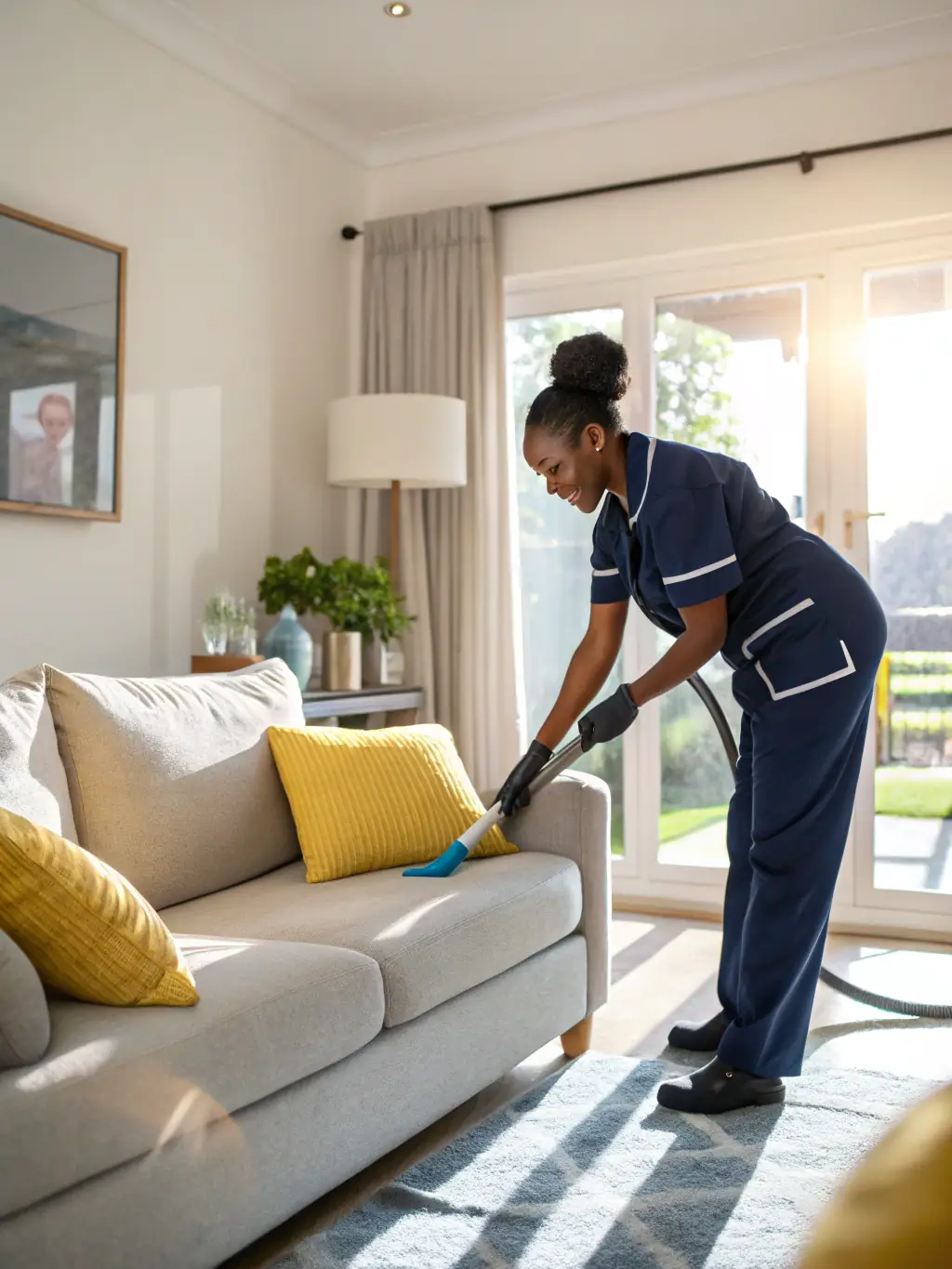 A dedicated housekeeper meticulously cleaning a luxurious home, highlighting the attention to detail and professionalism of Heritage Recruiters' cleaning staff placements.
